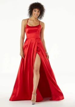 Mori Lee - 45075 Scoop Neck Wrap High Slit Satin Gown