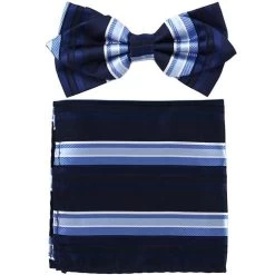 Navy Blue Striped Bow Tie With Pocket Square (Pointed Tip)