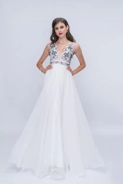 Nina Canacci - 2205 Floral Embroidered Plunging V-Neck Gown -Boutique Wedding Dress Store nina canacci 2205 floral embroidered plunging v neck gown wedding dresses 0 ivory black 6404244340793