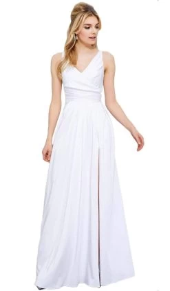 Nox Anabel - 8347 V-Neck Satin Long Evening Gown 21 Nox Anabel - 8347 V-Neck Satin Long Evening Gown -Boutique Wedding Dress Store nox anabel 8347 v neck satin long evening gown special occasion dress xs white 28652292407379