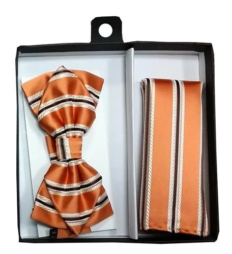 Orange Striped Bow Tie With Pocket Square (Pointed Tip) 4 Orange Striped Bow Tie With Pocket Square (Pointed Tip) - Image 2