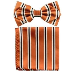 Orange Striped Bow Tie With Pocket Square (Pointed Tip)