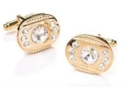 Oval Gold Cufflinks With Clear Crystals