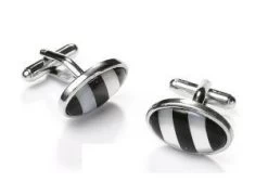 Oval Silver Cufflinks With Black And White Stripes