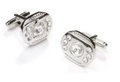 Oval Silver Cufflinks With Clear Crystals