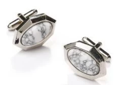 Oval Silver Cufflinks With Gray And White Marbled Stone