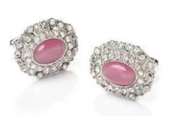 Oval Silver Cufflinks With Pink Stone And Clear Crystals