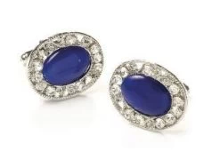 Oval Silver Cufflinks With Sapphire Stone And Crystals