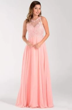 Poly USA - 7454 Sleeveless Rhinestone Lace Bodice Chiffon Gown -Boutique Wedding Dress Store poly usa 7454 sleeveless rhinestone lace bodice chiffon gown bridesmaid dresses xs blush 14186847633491
