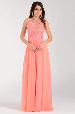 Poly USA - 7454 Sleeveless Rhinestone Lace Bodice Chiffon Gown -Boutique Wedding Dress Store poly usa 7454 sleeveless rhinestone lace bodice chiffon gown bridesmaid dresses xs coral 14186847666259