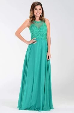 Poly USA - 7454 Sleeveless Rhinestone Lace Bodice Chiffon Gown -Boutique Wedding Dress Store poly usa 7454 sleeveless rhinestone lace bodice chiffon gown bridesmaid dresses xs green 14186847567955