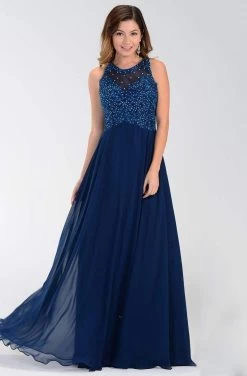 Poly USA - 7454 Sleeveless Rhinestone Lace Bodice Chiffon Gown -Boutique Wedding Dress Store poly usa 7454 sleeveless rhinestone lace bodice chiffon gown bridesmaid dresses xs navy 14186847764563