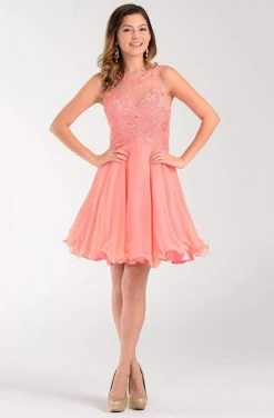Poly USA - 7456 Sleeveless Beaded Lace Bodice Chiffon Cocktail Dress -Boutique Wedding Dress Store poly usa 7456 sleeveless beaded lace bodice chiffon cocktail dress bridesmaid dresses xs coral 14188655673427
