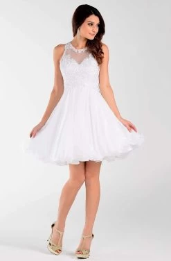 Poly USA - 7456 Sleeveless Beaded Lace Bodice Chiffon Cocktail Dress -Boutique Wedding Dress Store poly usa 7456 sleeveless beaded lace bodice chiffon cocktail dress bridesmaid dresses xs white 14188655902803