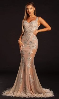 Portia And Scarlett - PS21129 Feather Fringed Illusion Paneled Gown