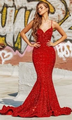 Portia And Scarlett - PS21207 Spaghetti Strap Sequin Mermaid Gown -Boutique Wedding Dress Store portia and scarlett ps21207 spaghetti strap sequin mermaid gown prom dresses 0 red 27950140883027