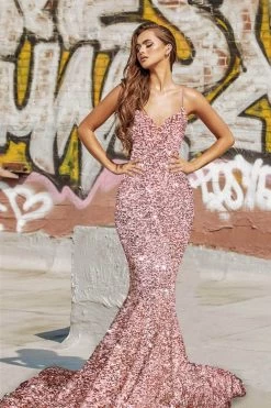Portia And Scarlett - PS21207 Spaghetti Strap Sequin Mermaid Gown -Boutique Wedding Dress Store portia and scarlett ps21207 spaghetti strap sequin mermaid gown prom dresses 0 rose gold 31366123749459