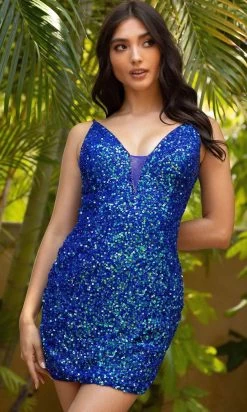 Primavera Couture - 3572 Sheer Plunge V-Neck Sequin Cocktail Dress -Boutique Wedding Dress Store primavera couture 3572 sheer plunge v neck sequin cocktail dress special occasion dress 00 blue 28479377571923