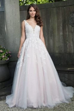 Rachel Allan Bridal - M636 Floral Appliqued Plunging Tulle Ballgown