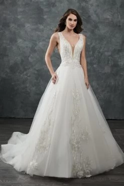 Rachel Allan Bridal - M646 Bedazzled Deep V-neck Tulle Wedding Gown