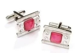 Rectangle Silver Cufflinks With Pink Stone And Crystals