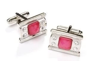 Rectangle Silver Cufflinks With Pink Stone And Crystals 2 Rectangle Silver Cufflinks With Pink Stone And Crystals