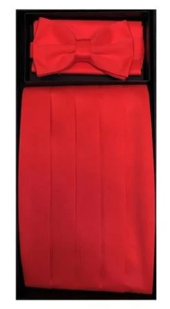 Red Poly Satin Cummerbund, Bow Tie, And Hanky Set