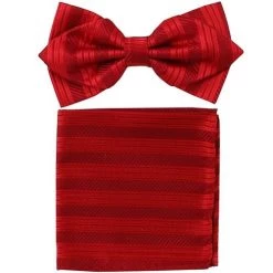Red Striped Bow Tie With Pocket Square (Pointed Tip)