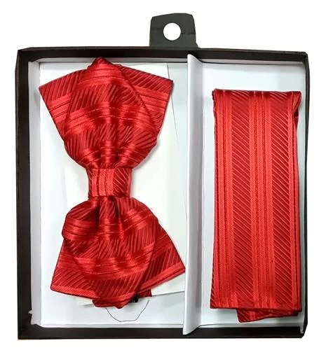 Red Striped Bow Tie With Pocket Square (Pointed Tip) 4 Red Striped Bow Tie With Pocket Square (Pointed Tip) - Image 2