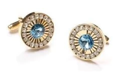 Round Gold Cufflinks With Aqua Blue Crystal