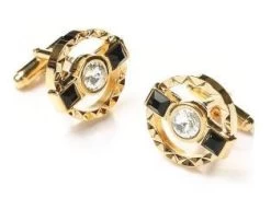 Round Gold Cufflinks With Black Stone And Clear Crystal