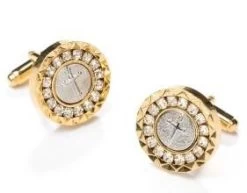 Round Gold Cufflinks With Cross And Crystals