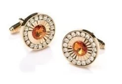 Round Gold Cufflinks With Orange Gem And Clear Crystals