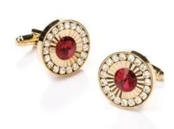 Round Gold Cufflinks With Red Gem And Clear Crystals