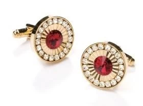 Round Gold Cufflinks With Red Gem And Clear Crystals 3 Round Gold Cufflinks With Red Gem And Clear Crystals