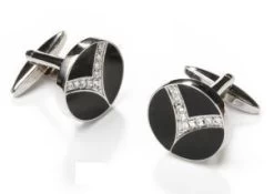 Round Silver And Black Cufflinks With Clear Crystals