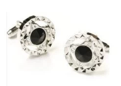 Round Silver Cufflinks With Black And Clear Crystals