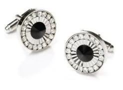 Round Silver Cufflinks With Black Stone And Clear Crystals