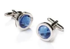 Round Silver Cufflinks With Blue Gem