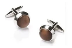 Round Silver Cufflinks With Brown Stone