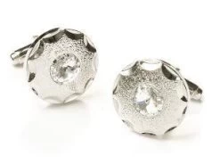 Round Silver Cufflinks With Clear Crystal