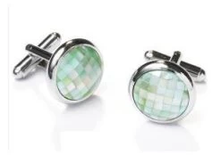 Round Silver Cufflinks With Green Mosaic