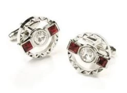 Round Silver Cufflinks With Red And Clear Crystals
