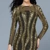 SCALA - 60185 Fully Embellished Long Sleeve Fitted Cocktail Dress -Boutique Wedding Dress Store scala 60185 fully embellished long sleeve fitted cocktail dress party dresses 00 black gold 14495310741587