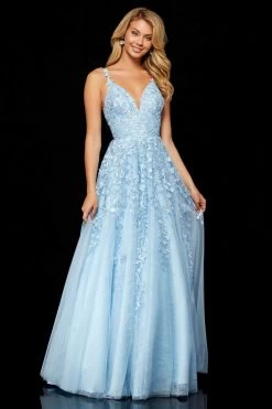 Sherri Hill - 52342 Beaded Lace Deep V-neck Long A-line Dress -Boutique Wedding Dress Store sherri hill 52342 beaded lace deep v neck long a line dress prom dresses 00 light blue 28723503038547