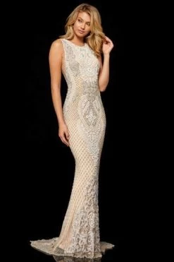 Sherri Hill - Embellished Jewel Sheath Gown 52369 - 1 Pc Nude/Ivory/Silver In Size 0 Available