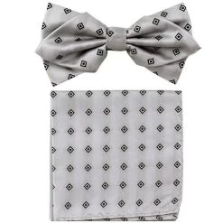 Silver Diamond Pattern Bow Tie With Pocket Square (Pointed Tip)