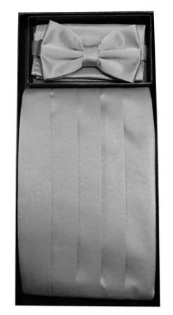Silver Poly Satin Cummerbund, Bow Tie, And Hanky Set