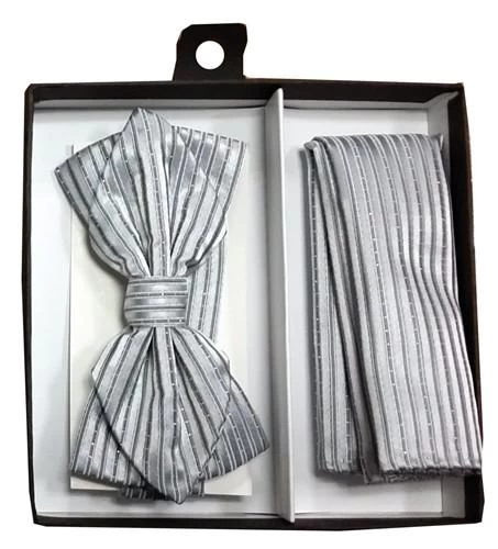 Silver Striped Bow Tie With Pocket Square (Pointed Tip) 4 Silver Striped Bow Tie With Pocket Square (Pointed Tip) - Image 2