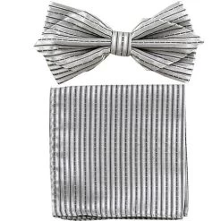 Silver Striped Bow Tie With Pocket Square (Pointed Tip)